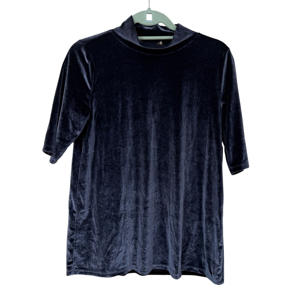 LOFT Women's Navy Blue Velvet Mock Neck Top Size Small S Short Sleeve Blouse